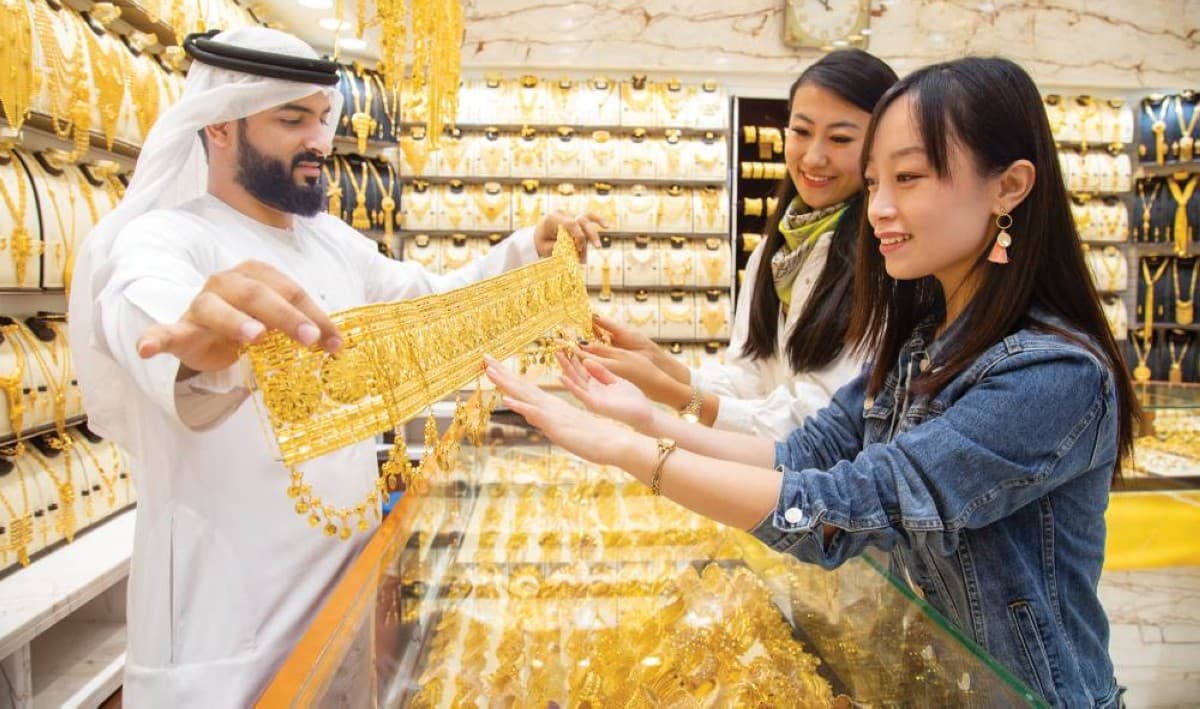 A display of gold jewellery pieces in a Dubai gold market shop during the Eid Al Adha shopping season.