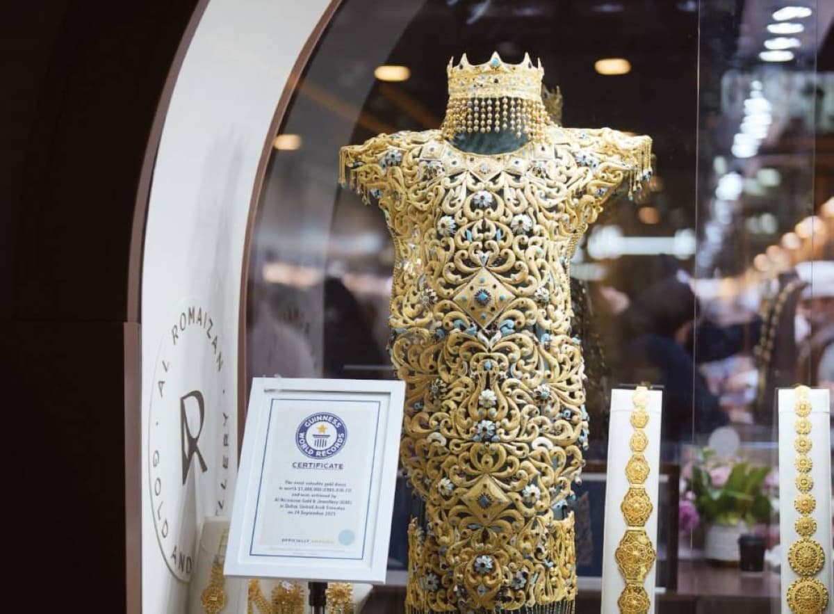 A golden dress made from over 10 kilograms of 21-karat gold, displayed by Al Rumaizān Jewellery at the Middle East Watch and Jewellery Exhibition in Expo Centre Sharjah.