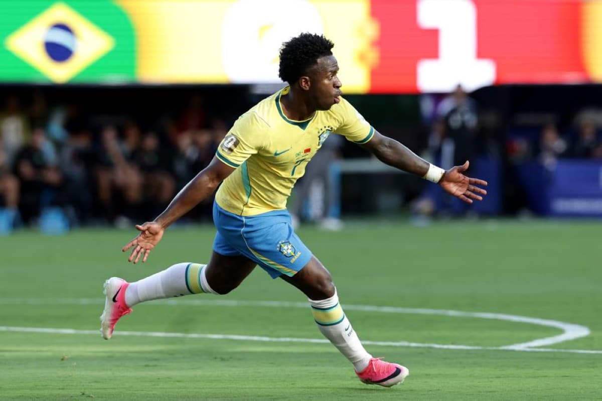 Vinicius Junior celebrates after scoring for Brazil against Morocco in their 2026 World Cup group stage match in New York.