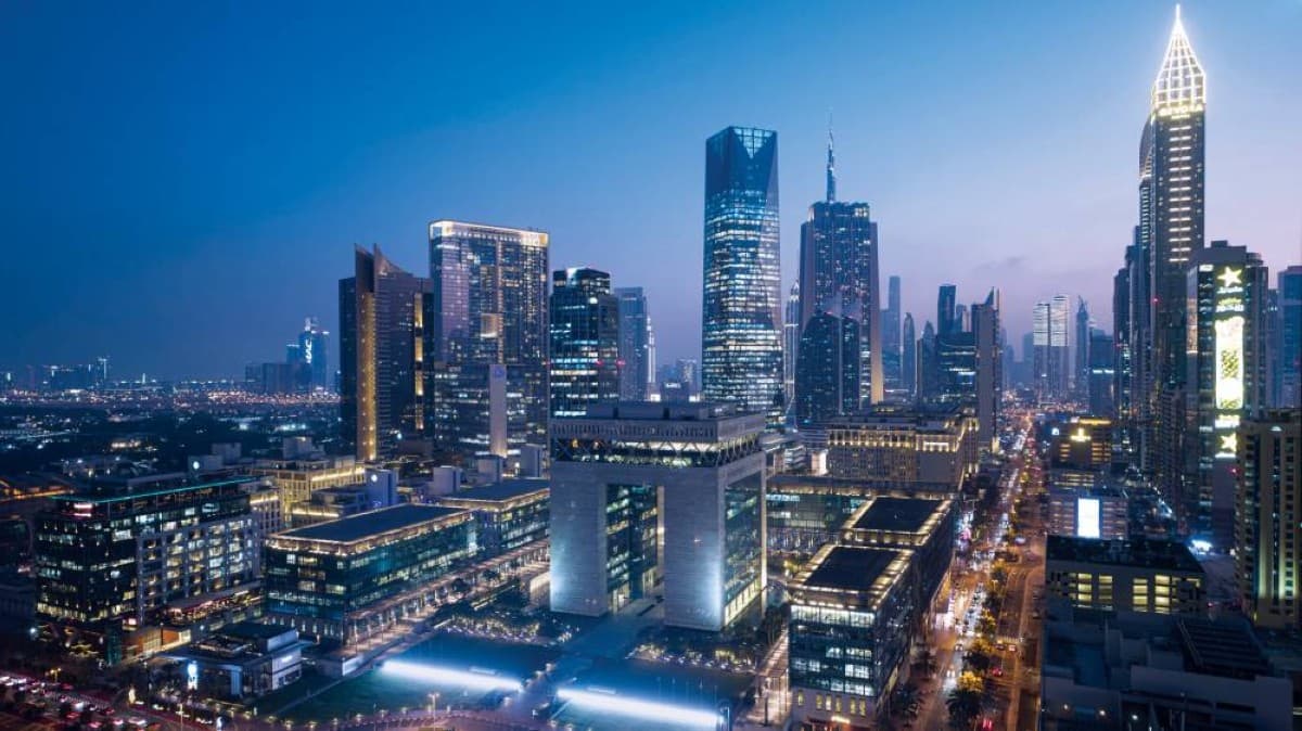 An aerial view of the Dubai International Financial Centre highlighting its towers and central business district location.