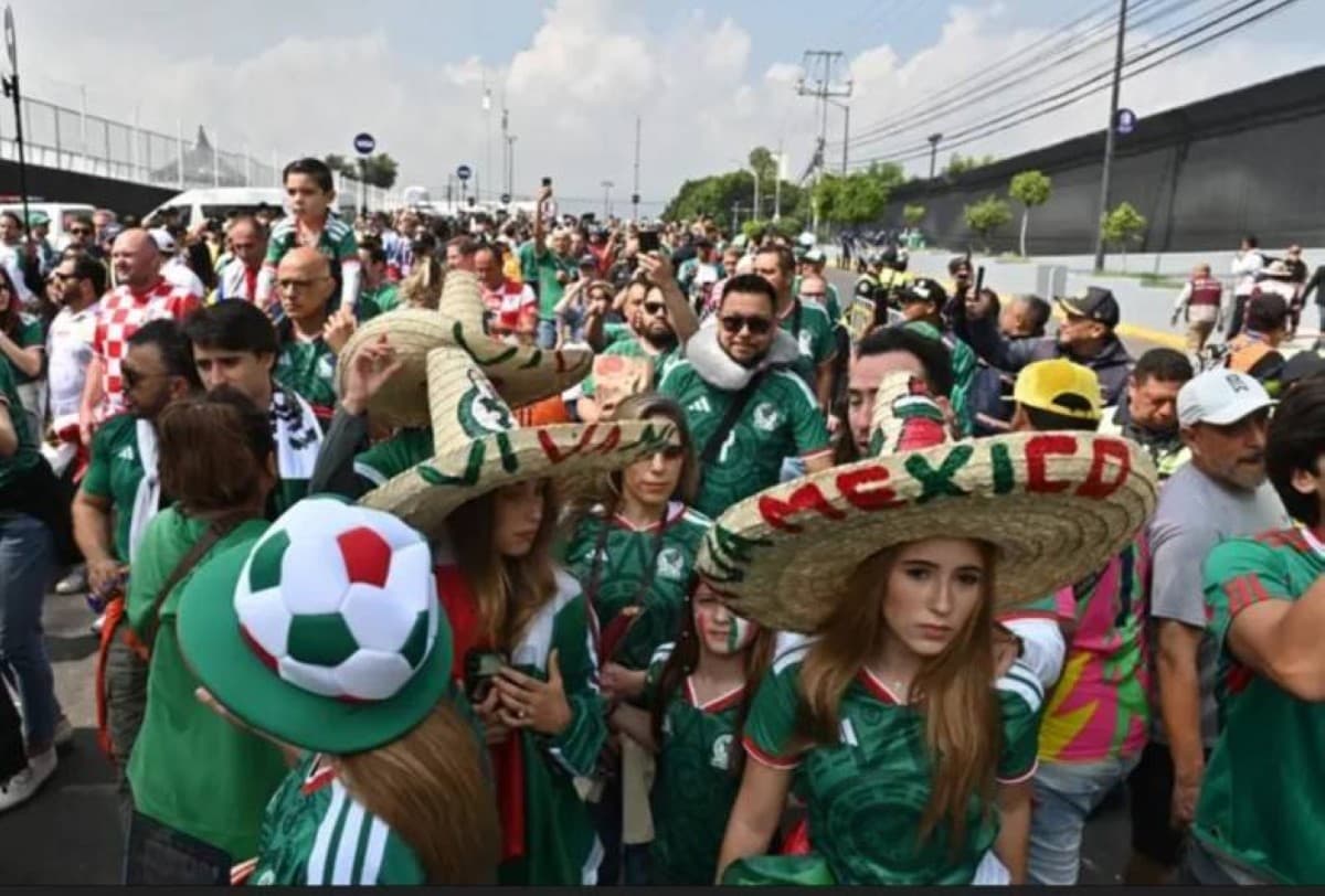 A World Cup 2026 stadium exterior with commercial signage covered, displaying the tournament's neutral venue branding.