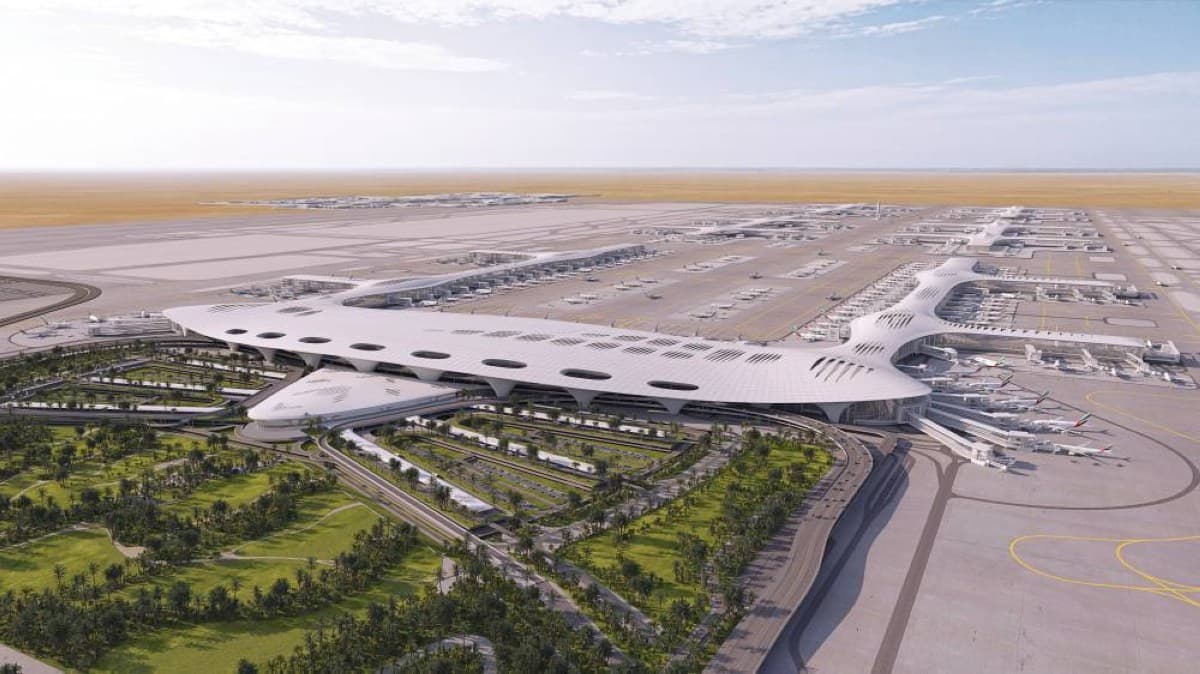 An aerial rendering of Al Maktoum International Airport's vast new terminal and airfield development in Dubai South.