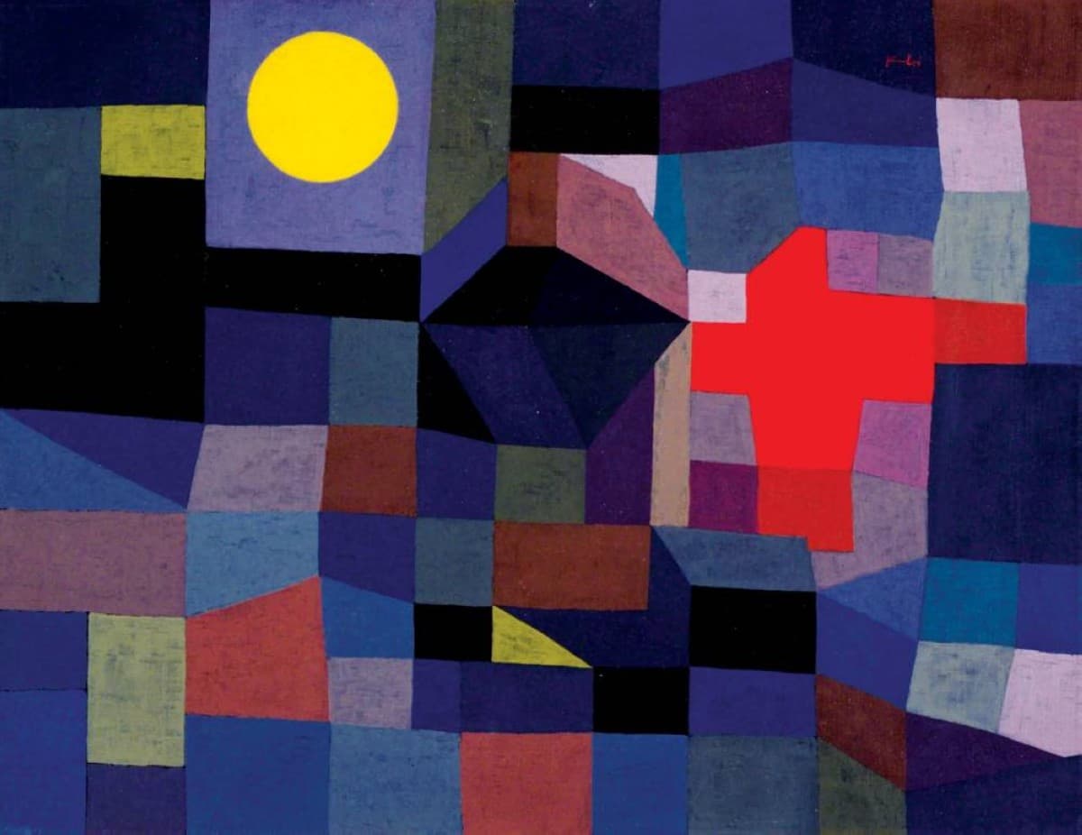 A display of Paul Klee's characteristically simple, symbol-laden paintings featuring light lines, geometric shapes, and freely distributed colours.