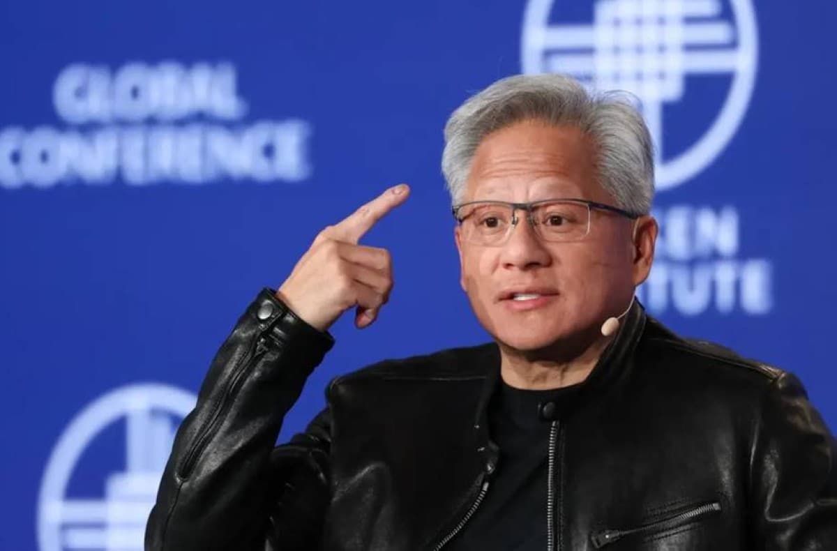 Nvidia CEO Jensen Huang speaking in an interview about the social and economic impact of artificial intelligence.