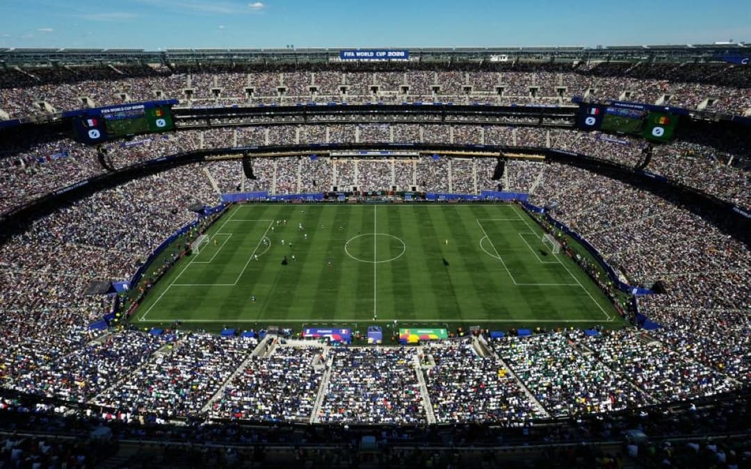 A view of the New York New Jersey stadium pitch that will host the 2026 FIFA World Cup final, showing the surface that players have criticised as hard and artificial.