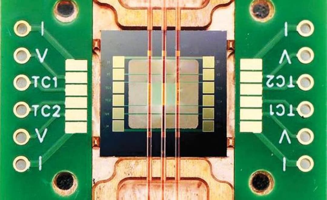 A close-up of a light-sensitive electronic device developed by Oregon State University researchers to mimic human brain memory functions.