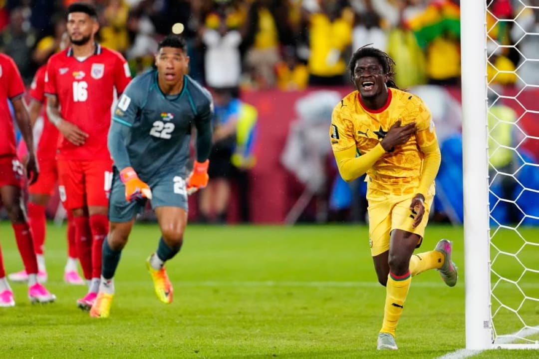 Ghana players celebrate a stoppage-time winning goal against Panama at Toronto stadium during the 2026 FIFA World Cup Group 12 opener.