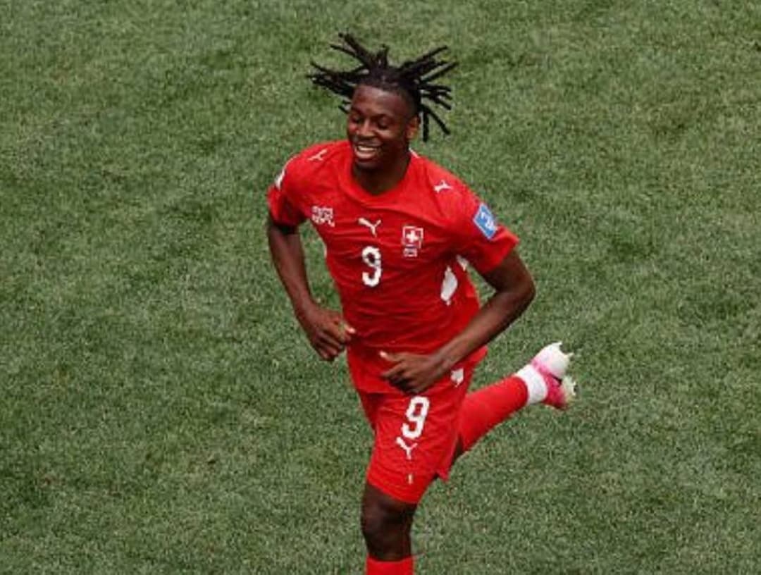 Swiss striker Jon Manzambi celebrates after scoring a brace as a substitute in Switzerland's 2026 FIFA World Cup group stage match against Bosnia and Herzegovina.