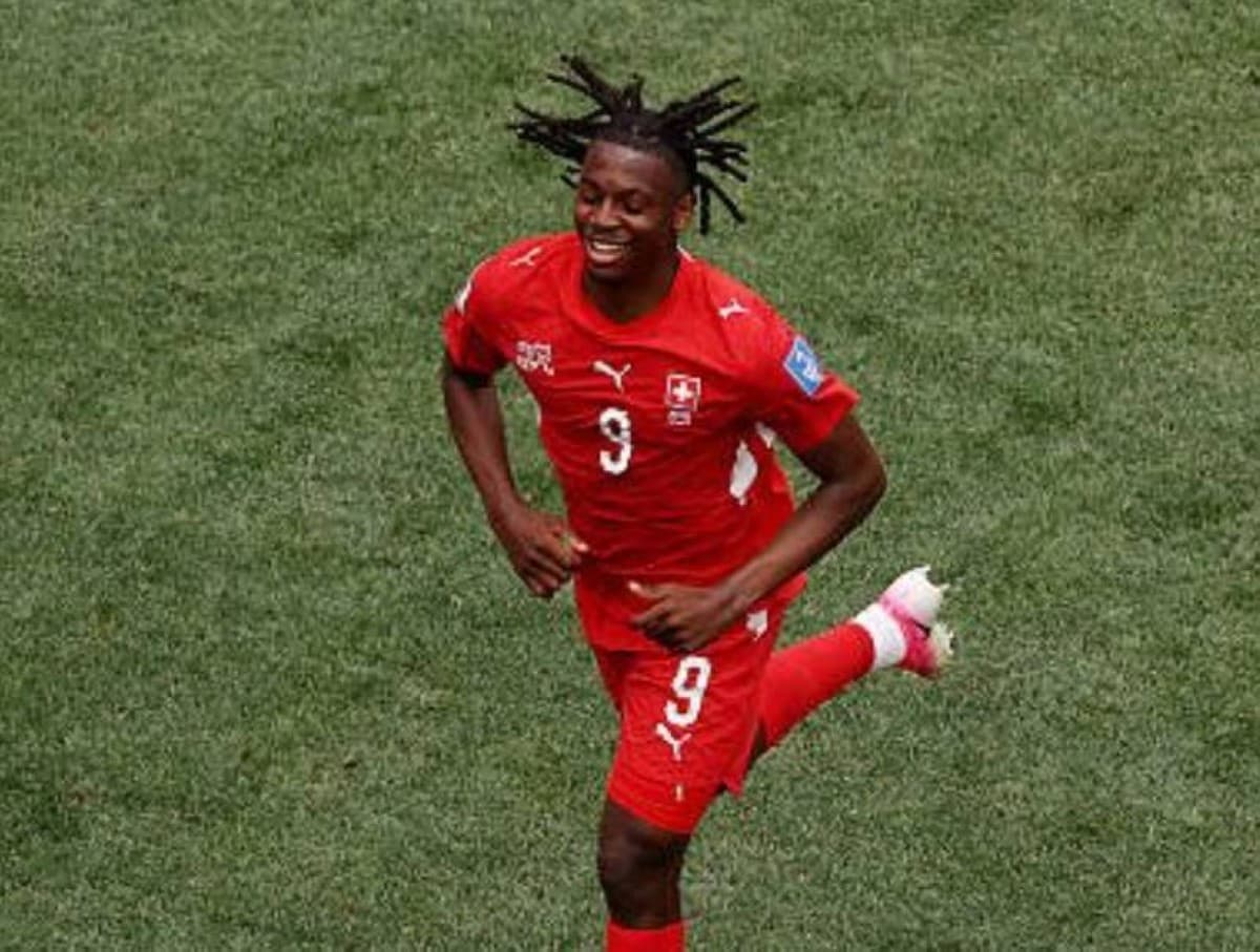 Swiss striker Jon Manzambi celebrates after scoring a brace as a substitute in Switzerland's 2026 FIFA World Cup group stage match against Bosnia and Herzegovina.
