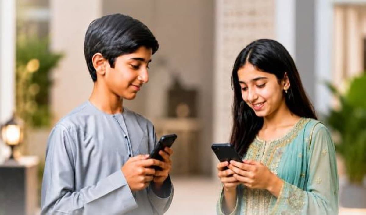 Students and parents reviewing a school circular about the UAE Cabinet's decision setting the minimum age for social media use at 15.