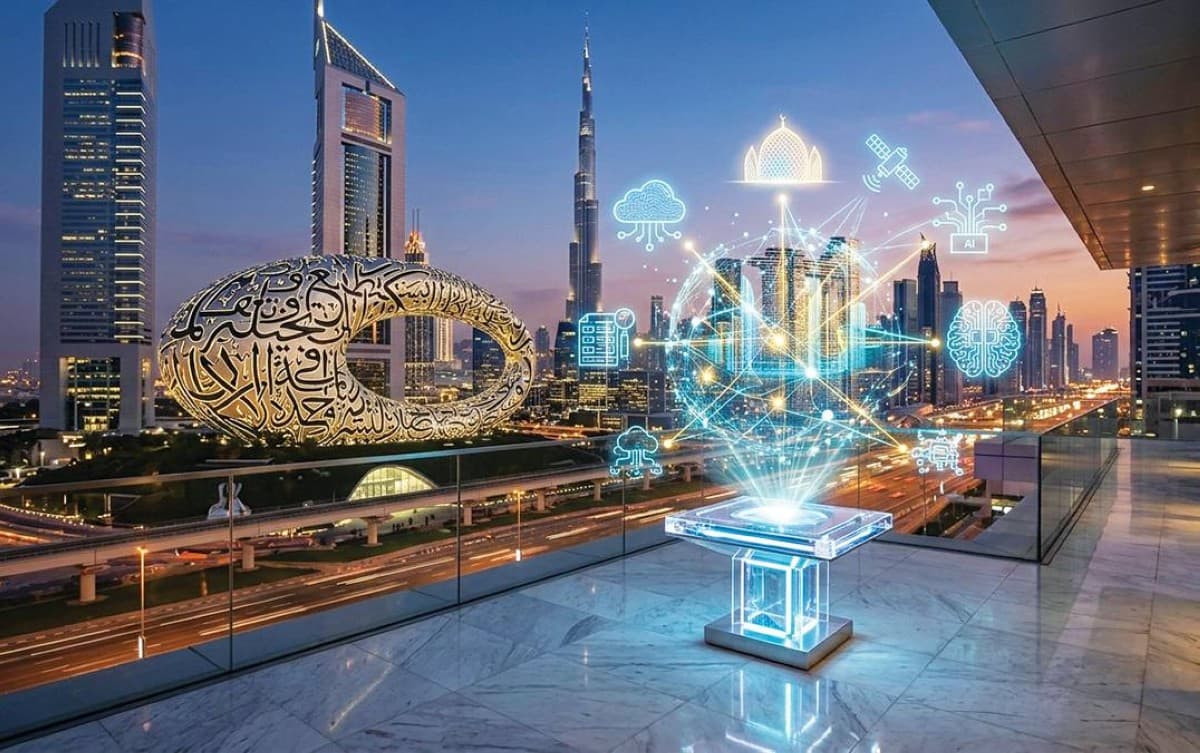 A digital illustration representing artificial intelligence integration within UAE government services and policy design.