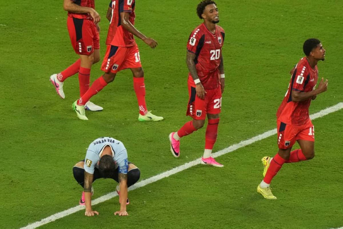 Cape Verde players celebrate their equalising goal during a dramatic 2-2 draw against Uruguay at the 2026 World Cup.