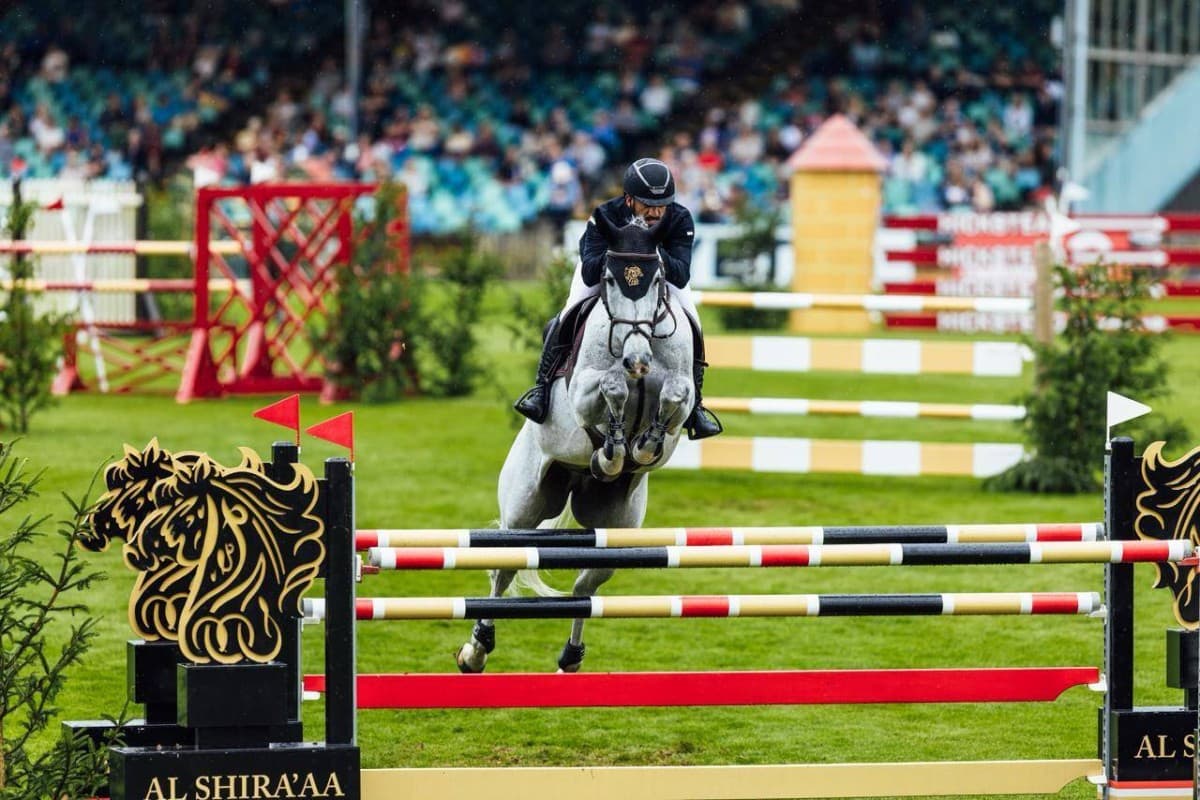UAE riders Abdullah Mohammed Al Mari and Hamid Abdullah Al Muhairi competing in the Hickstead International Show Jumping Championship in Britain.
