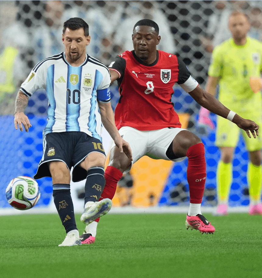 Lionel Messi celebrating after scoring a goal for Argentina at the 2026 World Cup.