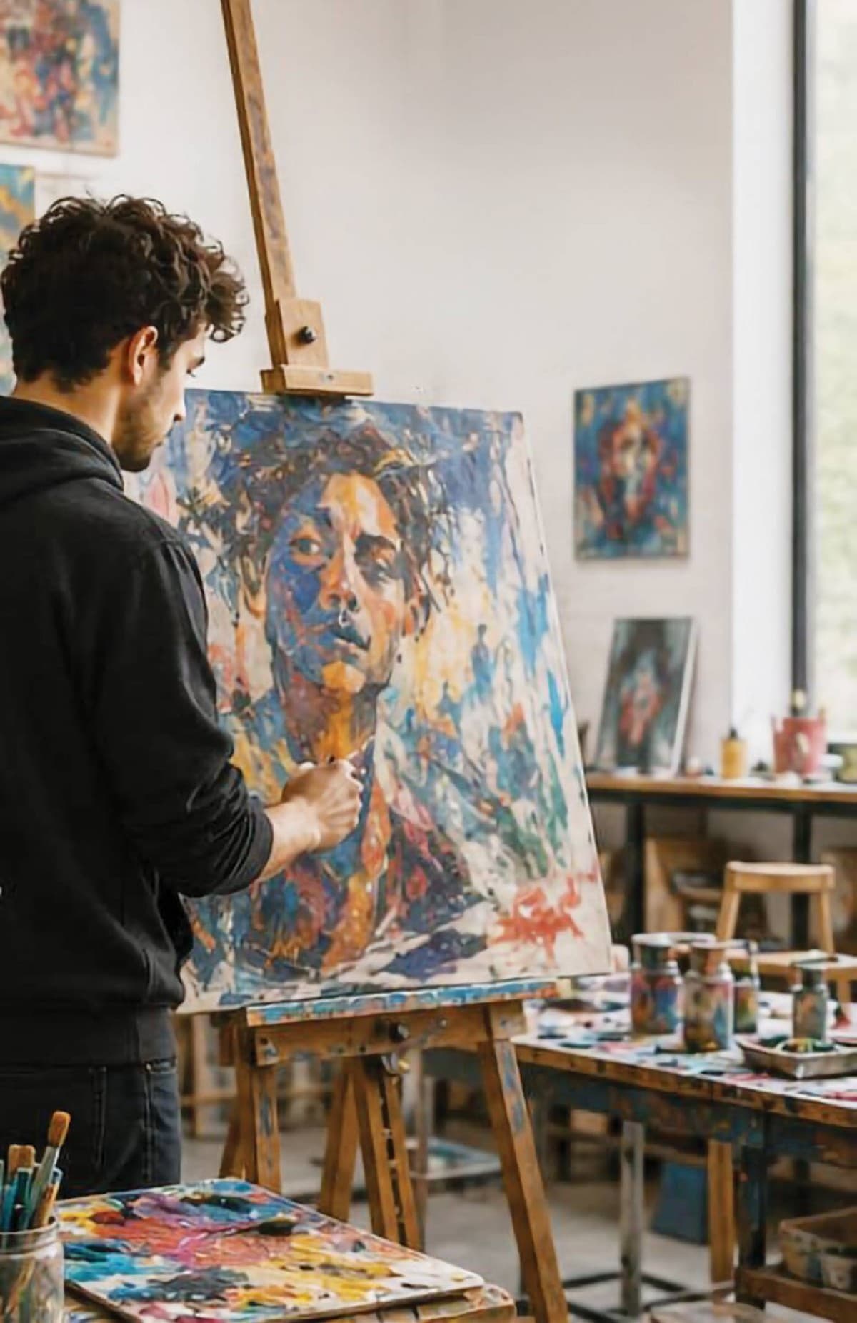 A young Arab artist working on a canvas in a studio, with digital screens and art materials visible in the background.