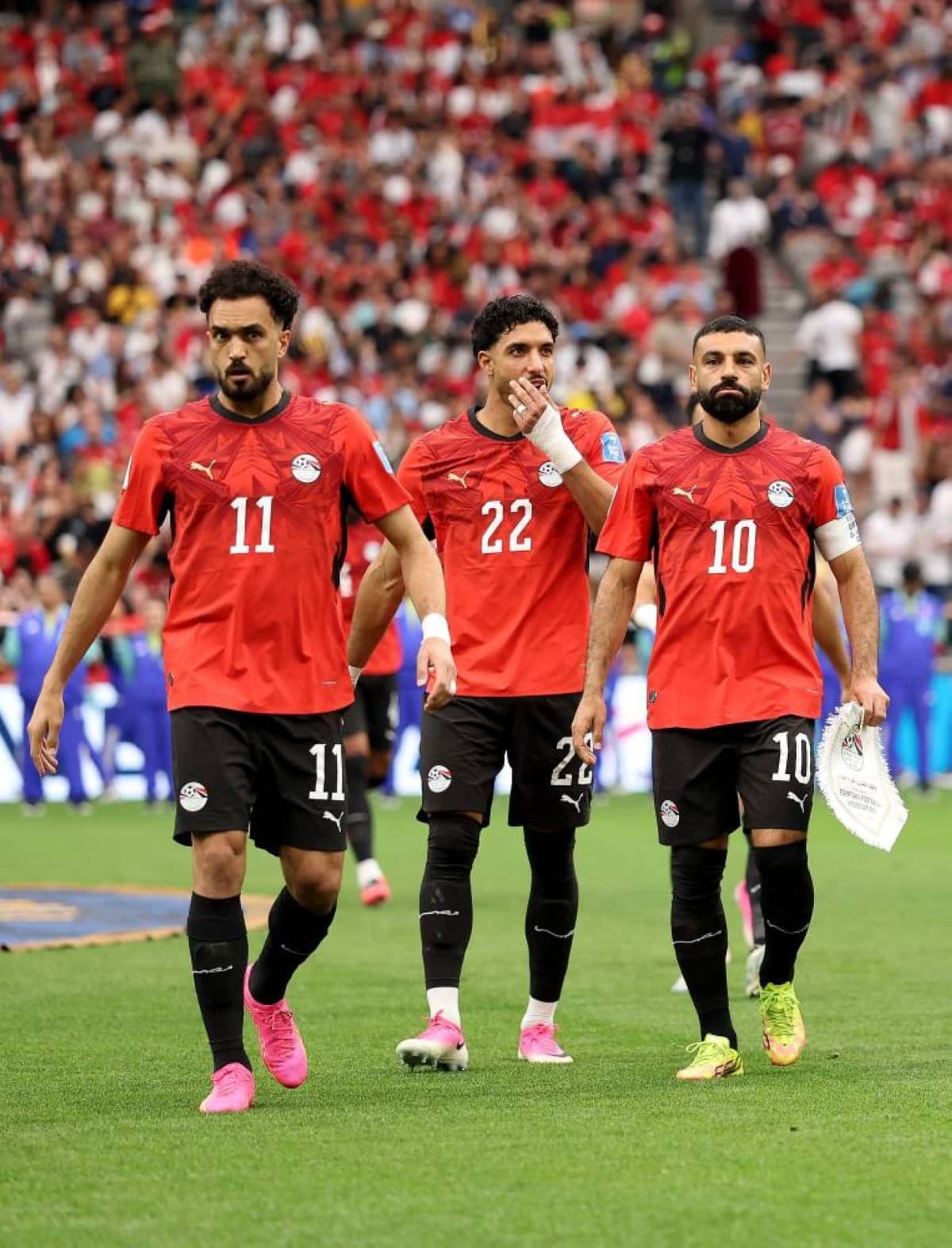 Egypt players celebrate their 3–1 victory over New Zealand at the 2026 FIFA World Cup in Vancouver, Canada.