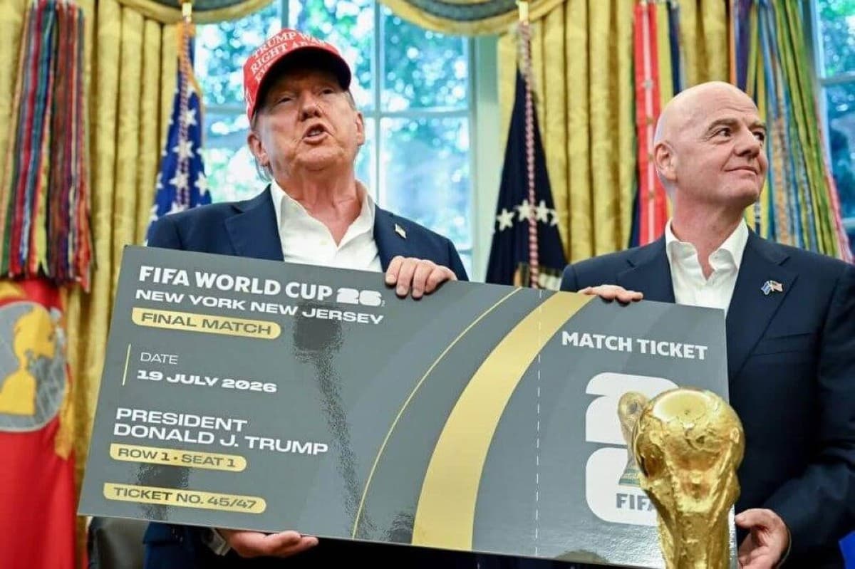 A podium or ceremonial setting associated with the 2026 FIFA World Cup, reflecting Trump's prior involvement in the tournament's official events.