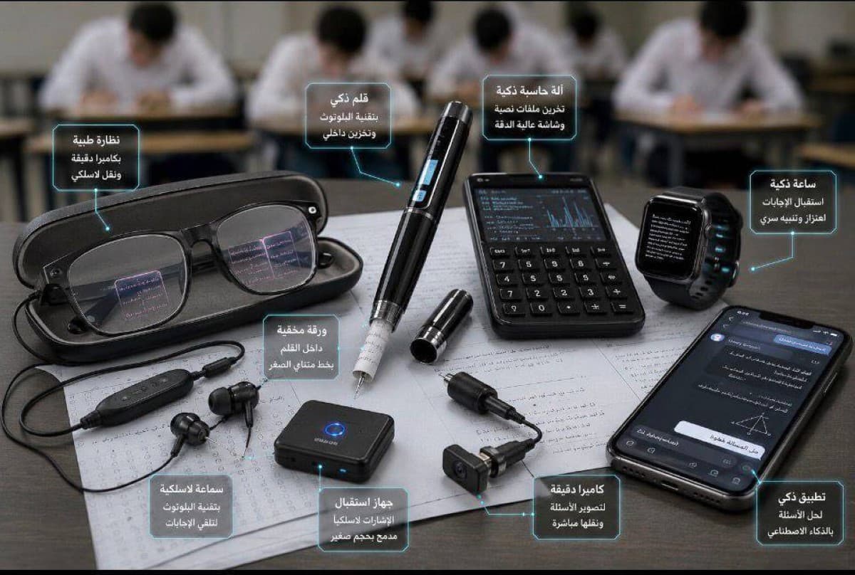 A display of cheating tools including a modified pen with a hidden paper roll, a tampered calculator, and glasses fitted with a miniature camera, promoted on social media ahead of school exams.