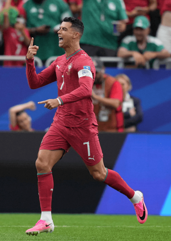 Cristiano Ronaldo celebrating after scoring a brace for Portugal against Uzbekistan at the 2026 World Cup.