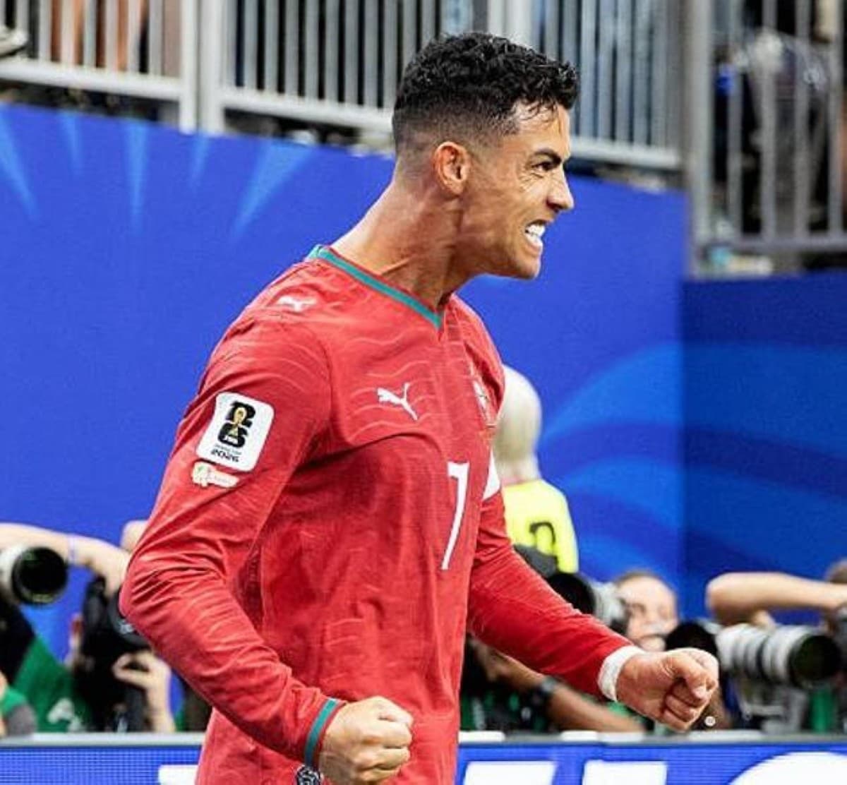 Cristiano Ronaldo celebrates scoring twice for Portugal in their 5-0 victory over Uzbekistan at the 2026 World Cup.