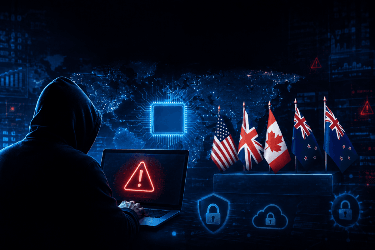 A visual representation of the Five Eyes intelligence alliance and AI-driven cyber warfare threats, showing interconnected digital networks and cybersecurity imagery.