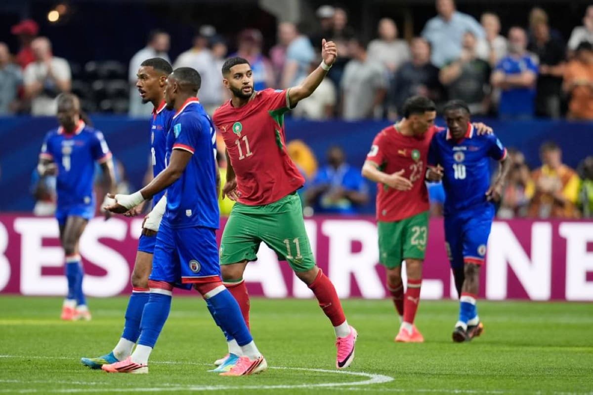 Ismail Saibari celebrates after scoring for Morocco at the 2026 FIFA World Cup.