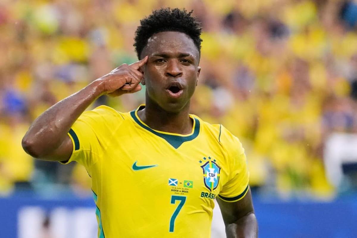 Vinicius Junior celebrating after scoring for Brazil against Scotland in the 2026 World Cup group stage.