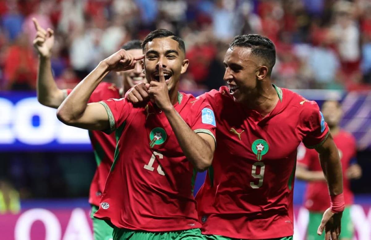 Morocco's Atlas Lions players celebrate during their 2026 World Cup group stage match against Haiti.