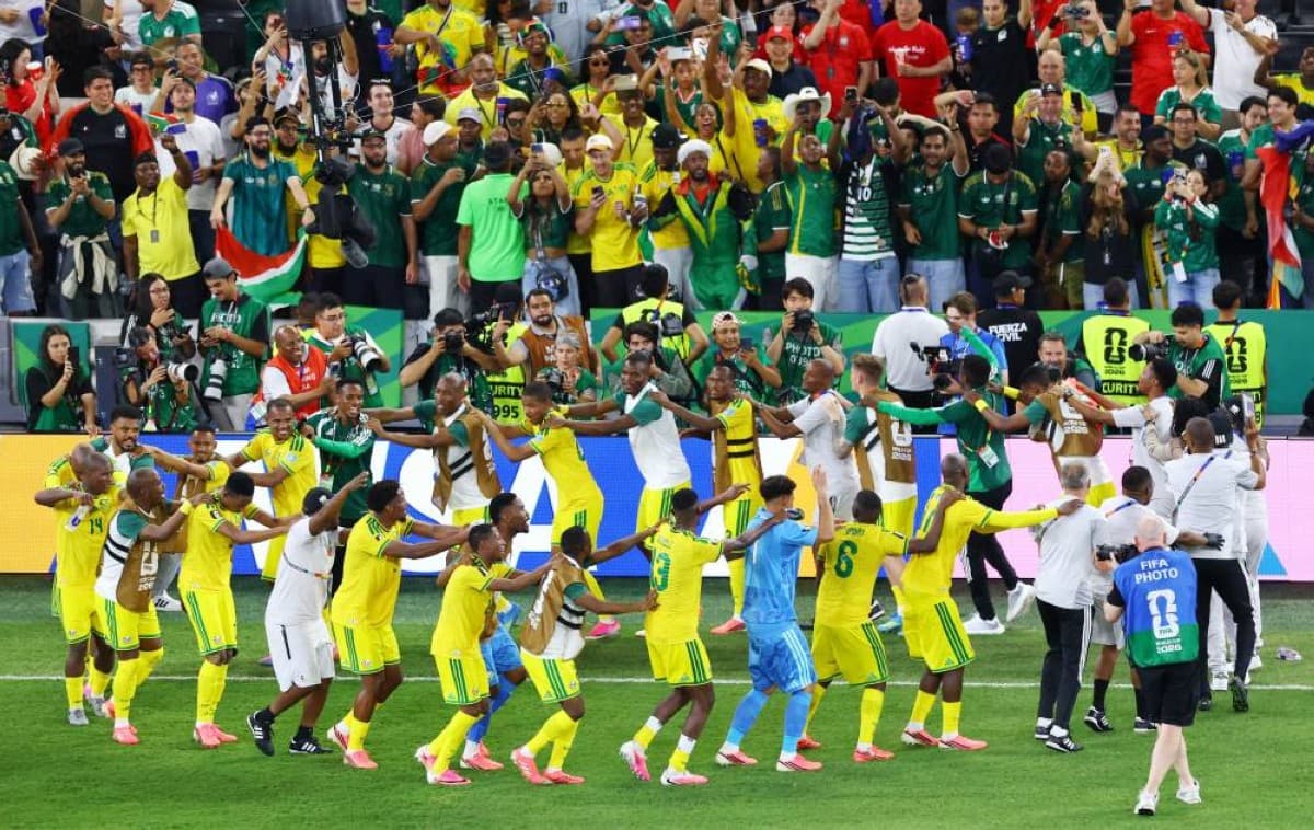 South Africa players celebrate after scoring a decisive goal against South Korea in their World Cup 2026 group stage match.