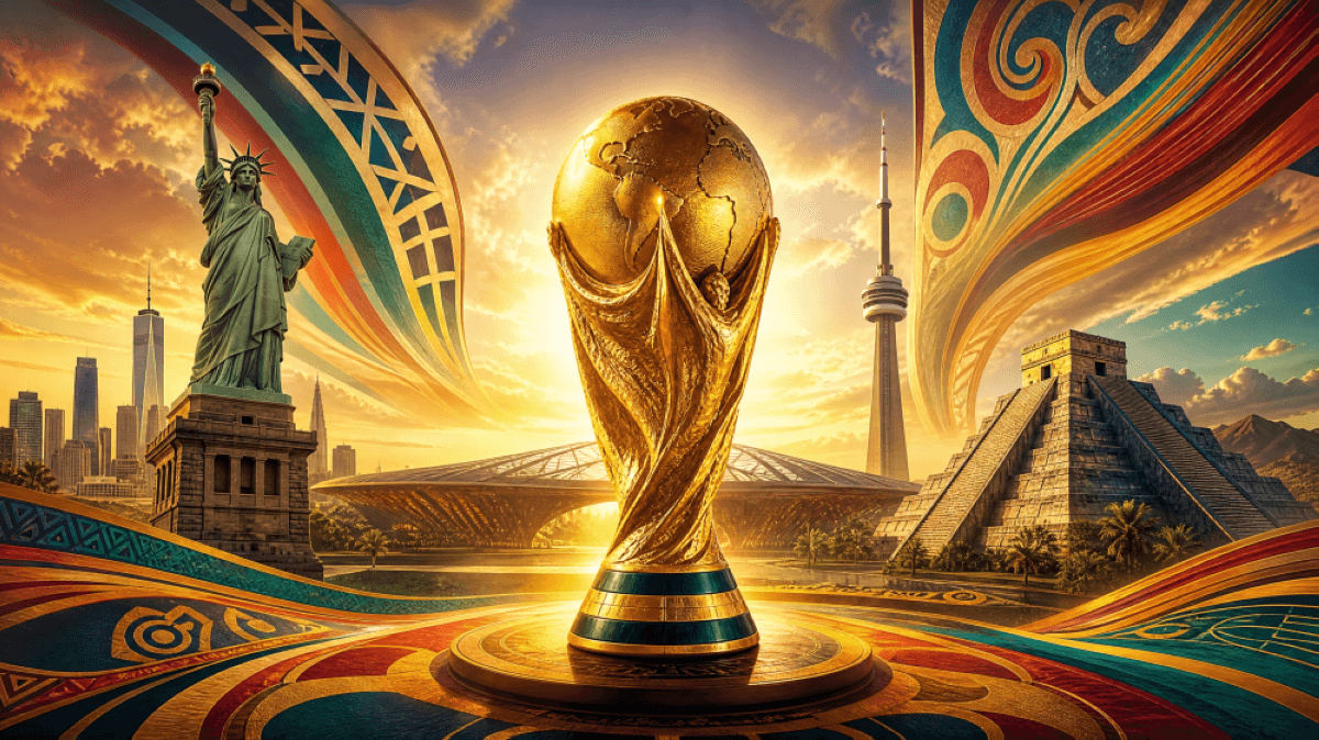 A FIFA World Cup 2026 match in progress on the pitch, with players competing during the group stage.