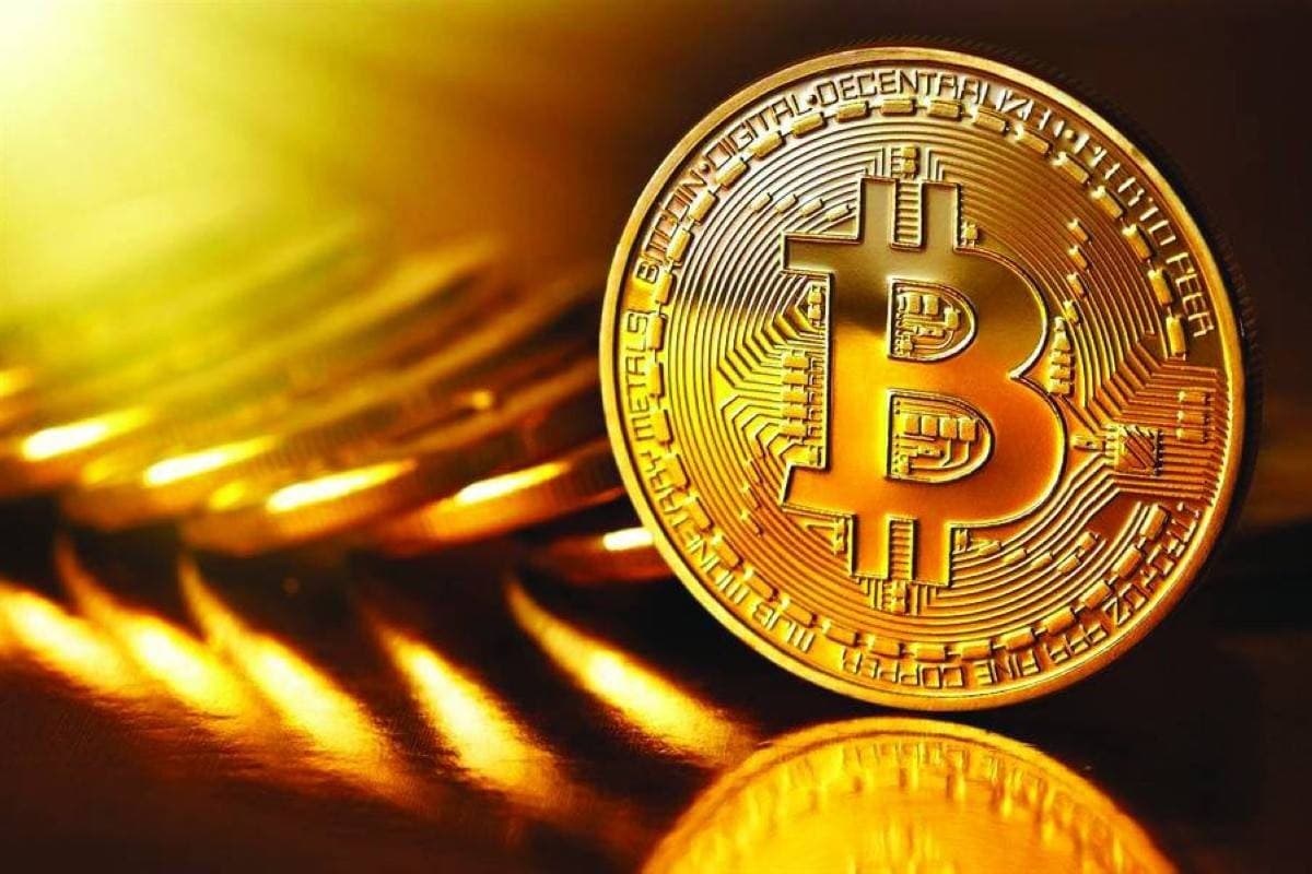 A digital representation of a Bitcoin coin against a backdrop reflecting cryptocurrency market trading activity.
