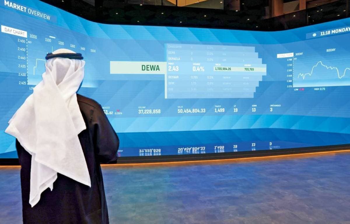 A stock market trading screen displaying UAE equity market indices and share price movements in green and red.