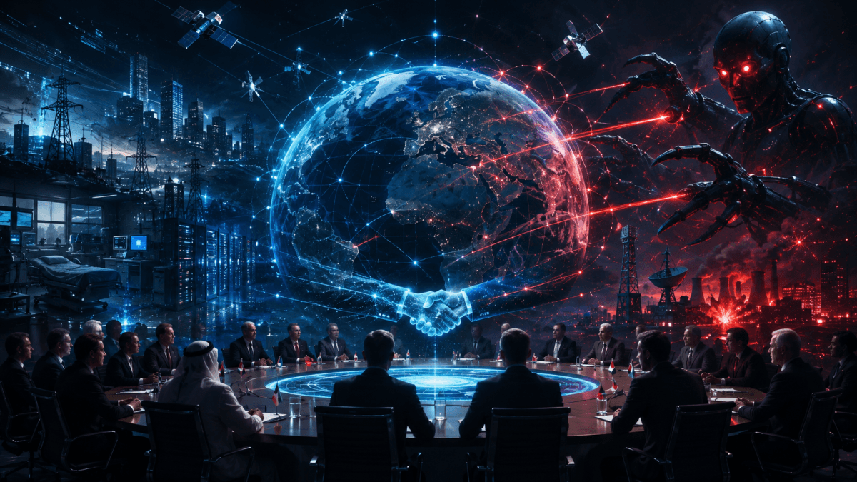 A digital globe overlaid with glowing circuit patterns and code, symbolising the threat of cyberweapons and the absence of international regulation in the digital arms race.