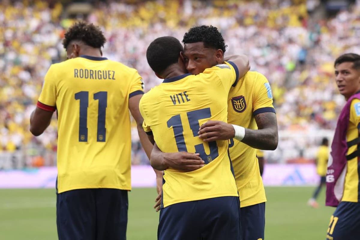 Ecuador players celebrate their victory over Germany in a World Cup 2026 group stage match.