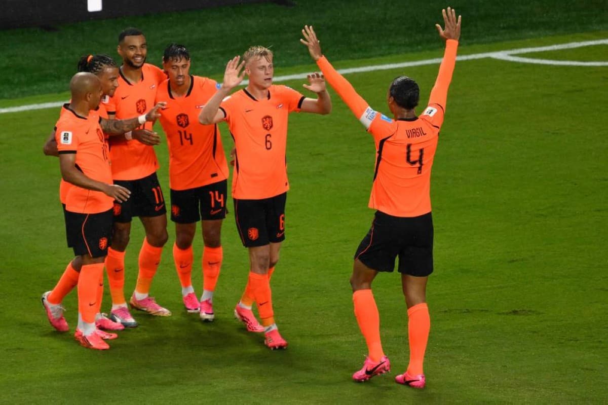 Netherlands players celebrate during their World Cup group-stage victory over Tunisia.