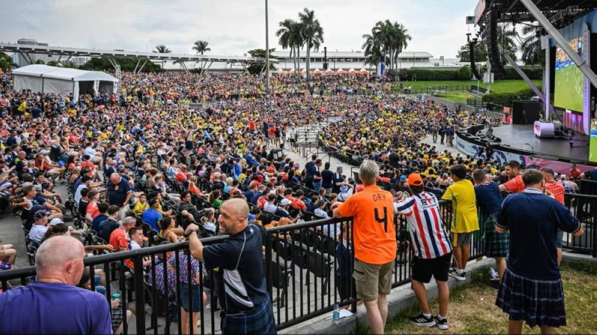 A crowded stadium in Miami ahead of the Colombia versus Portugal World Cup 2026 group stage match, with heavy security presence at the perimeter.