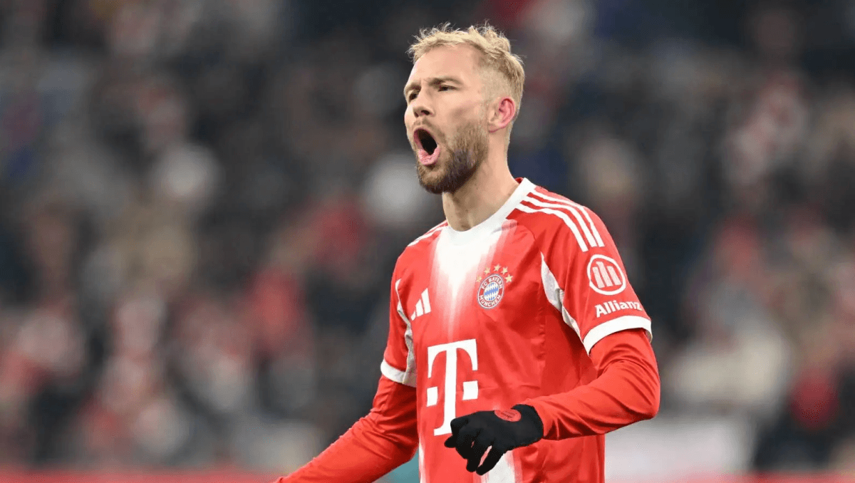 Austrian footballer Konrad Laimer in Bayern Munich kit during a match.