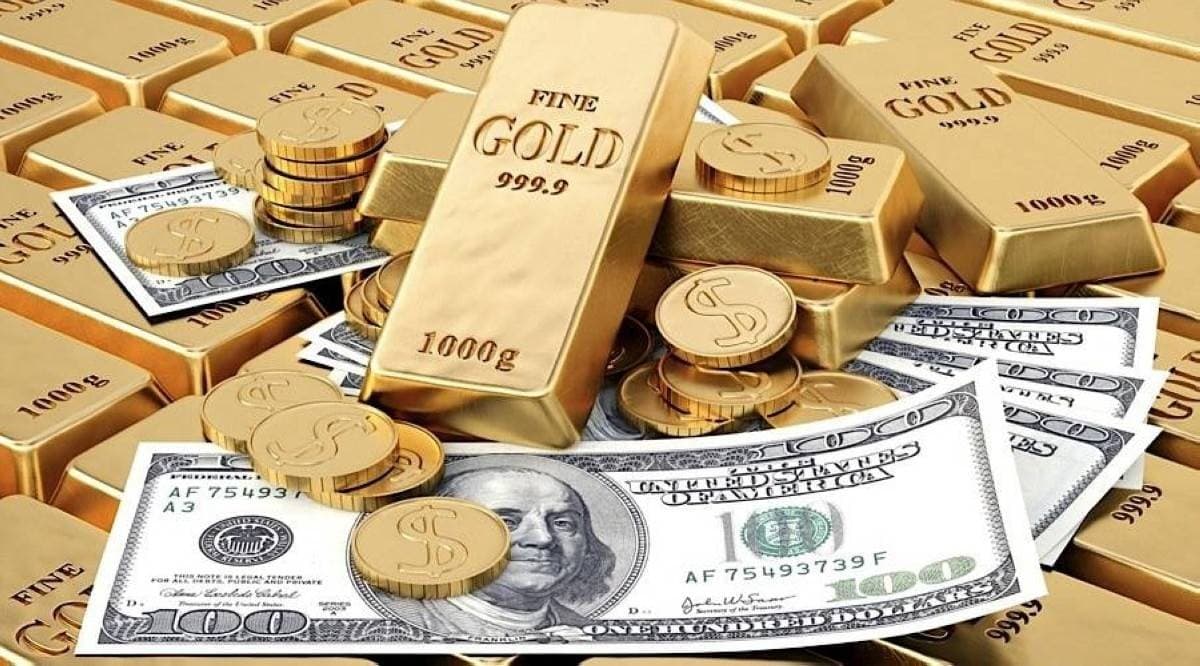 Gold bullion bars and coins displayed alongside a chart showing rising gold prices.