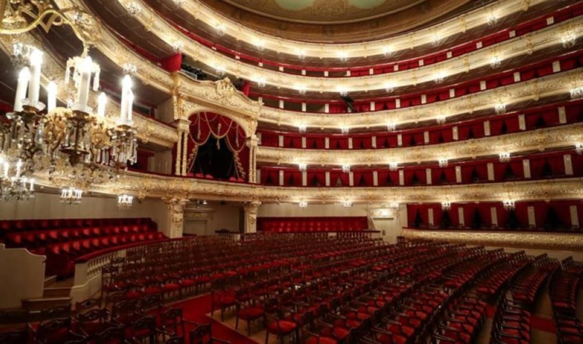 Performers take to the stage at the Bolshoi Theatre in Moscow during the opening of the 15th International Ballet Competition.