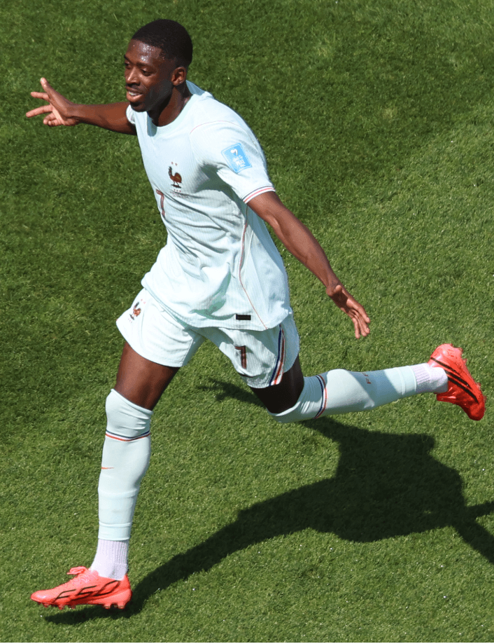 Ousmane Dembélé celebrates after completing his hat-trick for France against Norway at the 2026 World Cup in Boston.