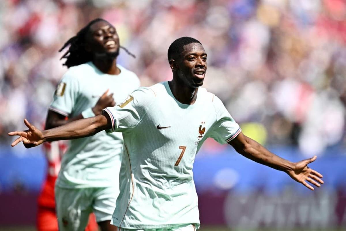 Ousmane Dembélé celebrates after scoring for France during their 4-1 victory over Norway in a 2026 World Cup Group 9 match.