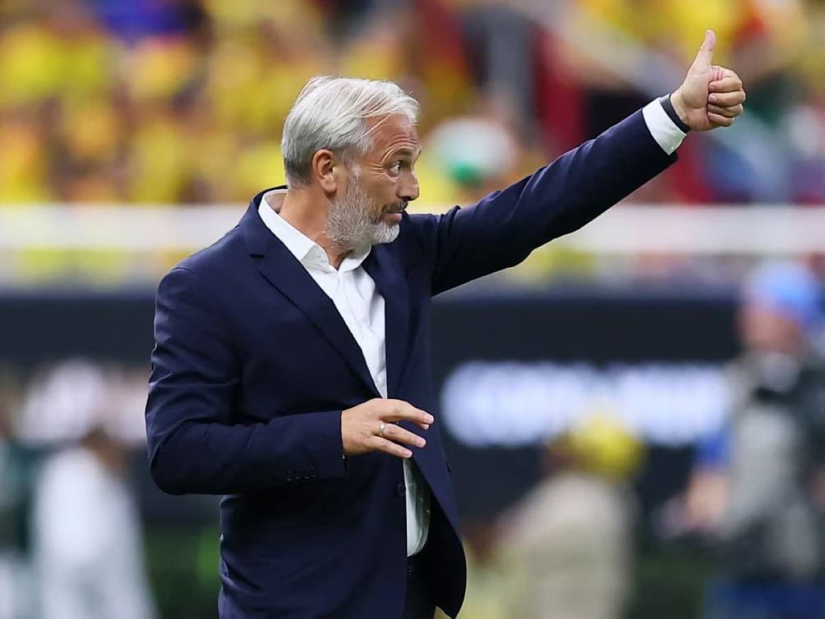 Sébastien Desabre, technical director of the Democratic Republic of Congo national team, gestures during a press conference ahead of their 2026 World Cup match against Uzbekistan.