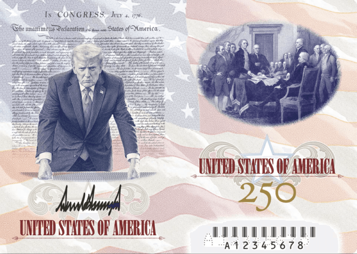 A prototype of the new limited-edition American passport featuring a photo of President Donald Trump leaning at his desk with a stern expression.
