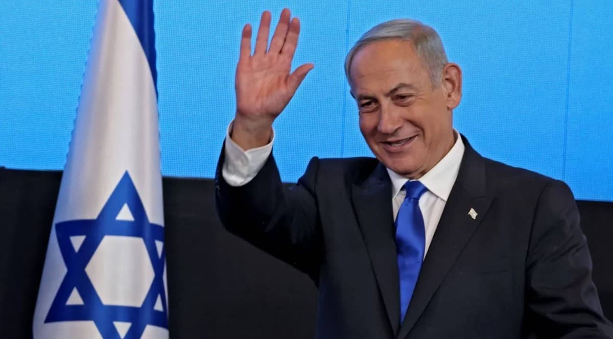 Israeli Prime Minister Benjamin Netanyahu speaking at a televised briefing about the Lebanon ceasefire agreement.