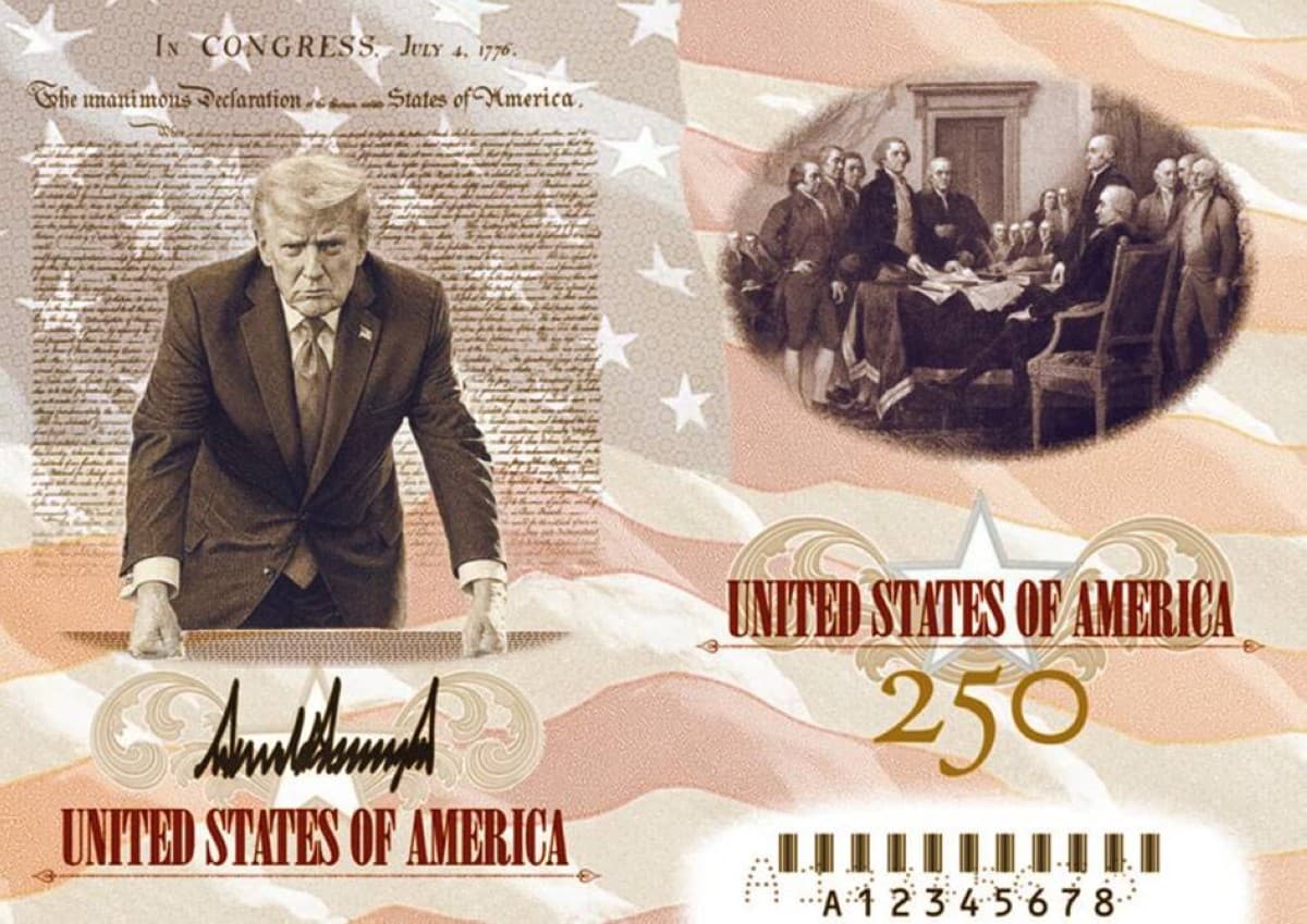 A prototype of the new US commemorative passport featuring a personal photograph of President Donald Trump, unveiled to mark the 250th anniversary of American independence.