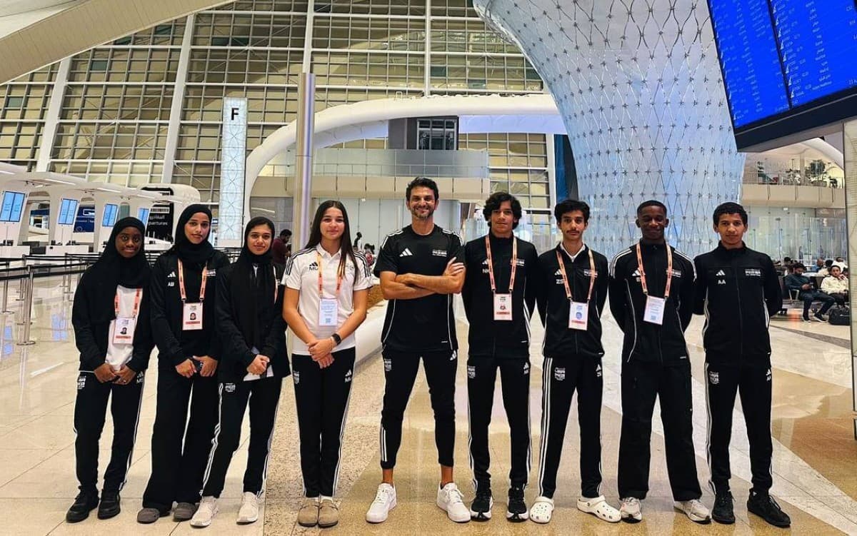 Magdalena Arda of Abu Dhabi Athletics Club celebrates her gold medal win in the 80-metre girls' under-14 race at an international athletics championship in Sweden.