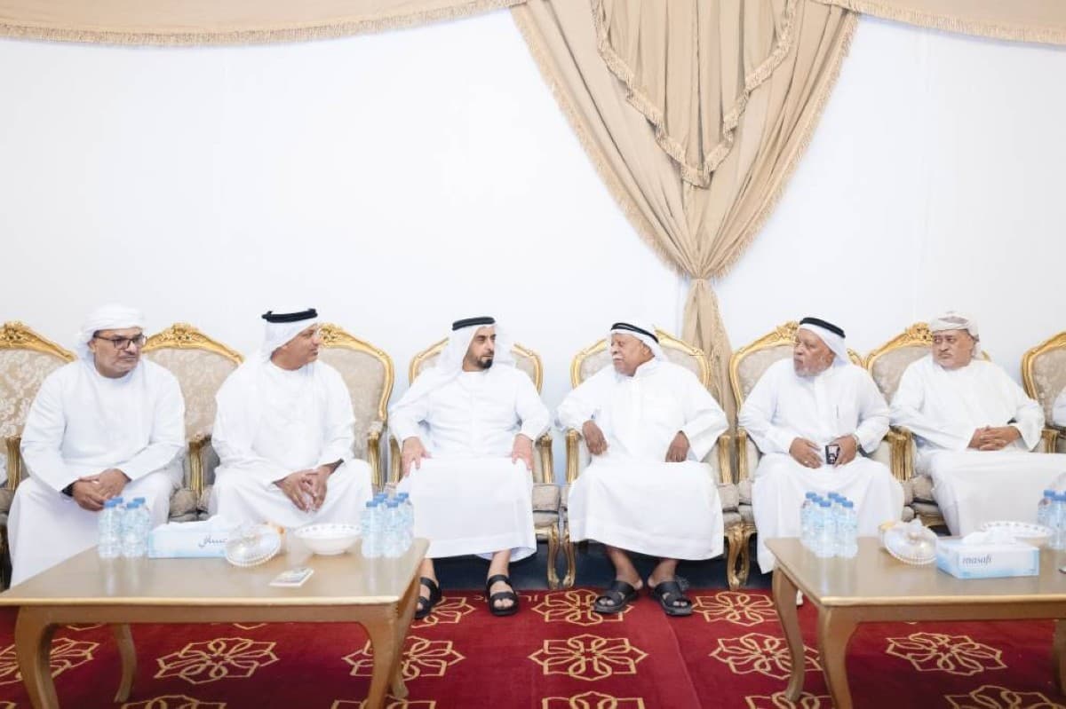 Sheikh Saif bin Zayed Al Nahyan offering condolences to the family of martyr Private First Class Issa Ghaloom Al Balushi at a condolence reception in Dubai.