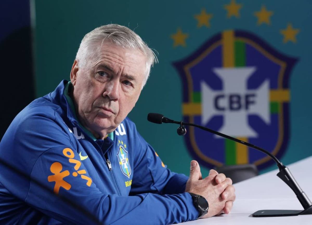 Brazil head coach Carlo Ancelotti addresses a press conference ahead of the 2026 World Cup round-of-32 match against Japan.