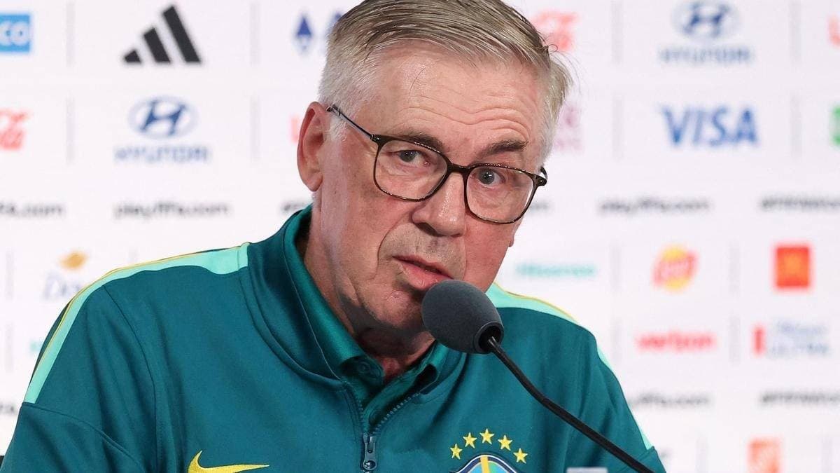 Brazil coach Carlo Ancelotti speaks at a press conference ahead of Brazil's round-of-32 World Cup 2026 match against Japan.