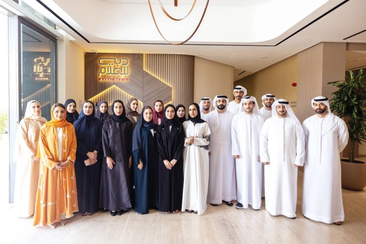 Participants in the Capacity Building in Media and Diplomacy programme gather at Dubai Media Incorporated studios during the programme's launch.